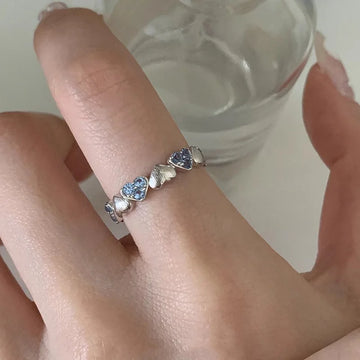 DAIIIBABYYY  -  Blue Zircon Love Heart Rings For Women Girls Fashion Temperament Sweet Elegant Gentle Romantic Anniversary Jewelry Gifts